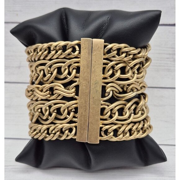 Brushed Gold Tone Multi Mixed Chain Magnetic Clasp 2.5" Wide Statement Bracelet - Picture 3 of 5